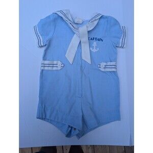 Vintage Baby Boy Romper Captain Blue Sailor Anchor 18M Summer Preppy Outfit